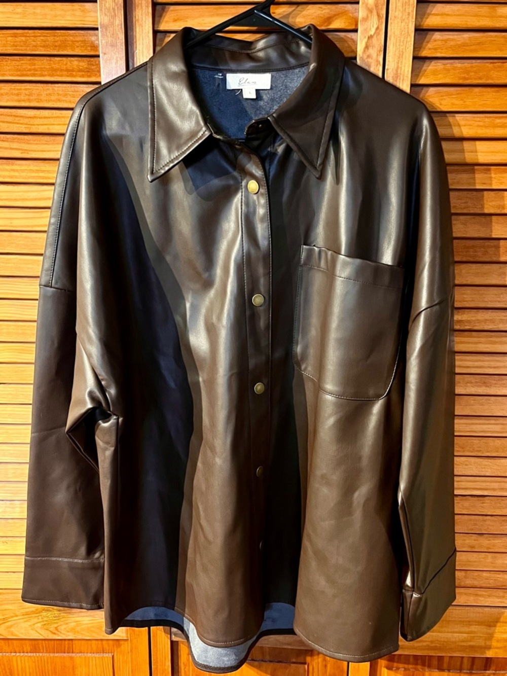 Elan Faux Leather Button Up Shirt Jacket Brown womens Size Large style fl8158